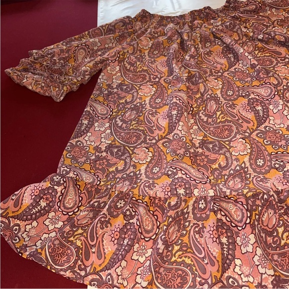 XL Pink Peach Paisley DRESS Wide Stretch Neck Ruffle Trumpet Sleeve RUFFLE HEM - Picture 14 of 14